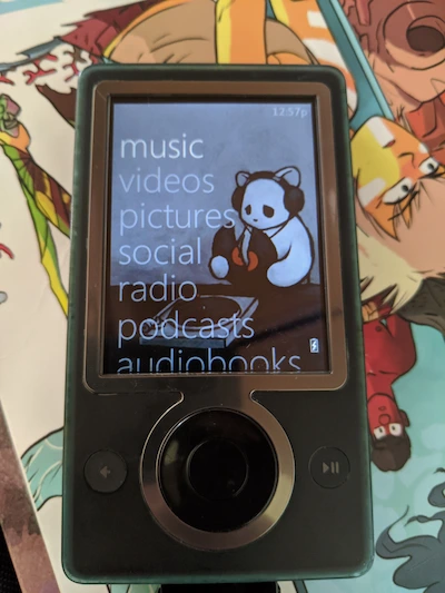 classic Zune 30GB, first edition in black, home screen and menu